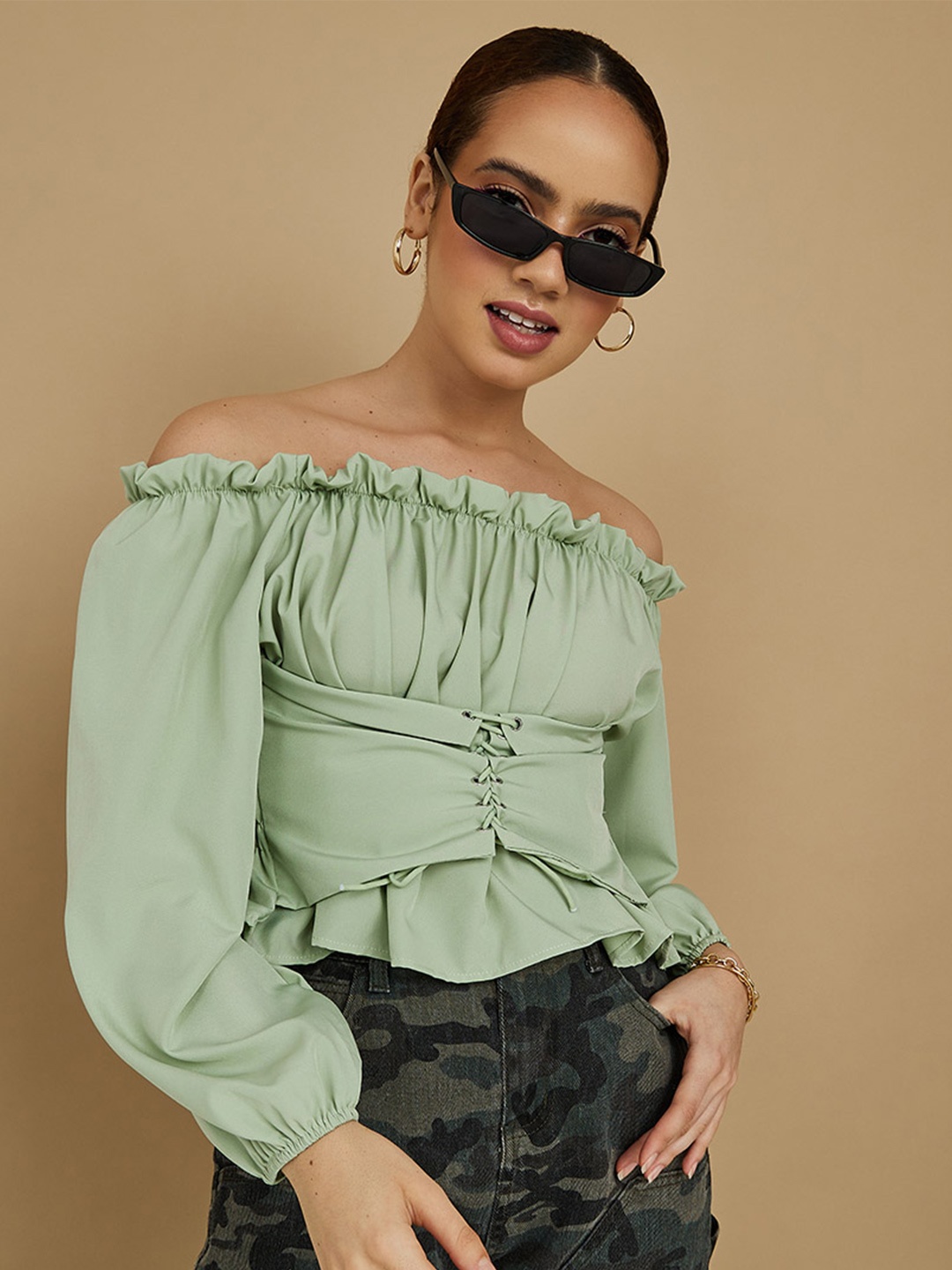 

Styli Off-Shoulder Bardot Top, Green