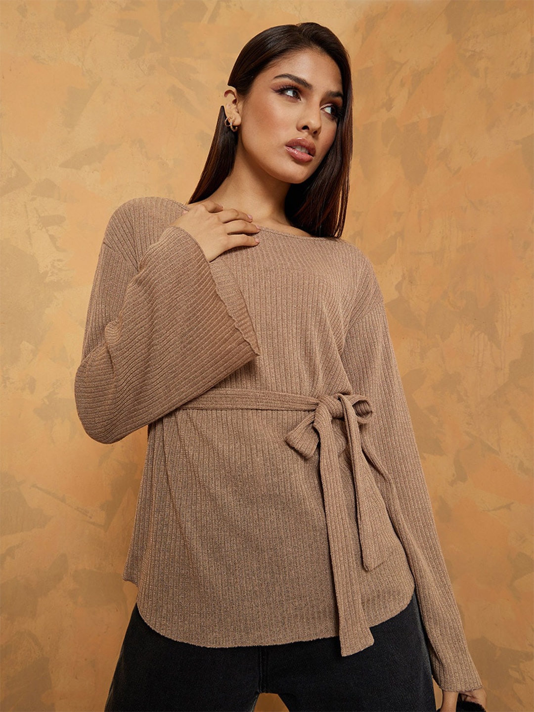 

Styli Flared Sleeves Waist Tie-Ups Top, Tan