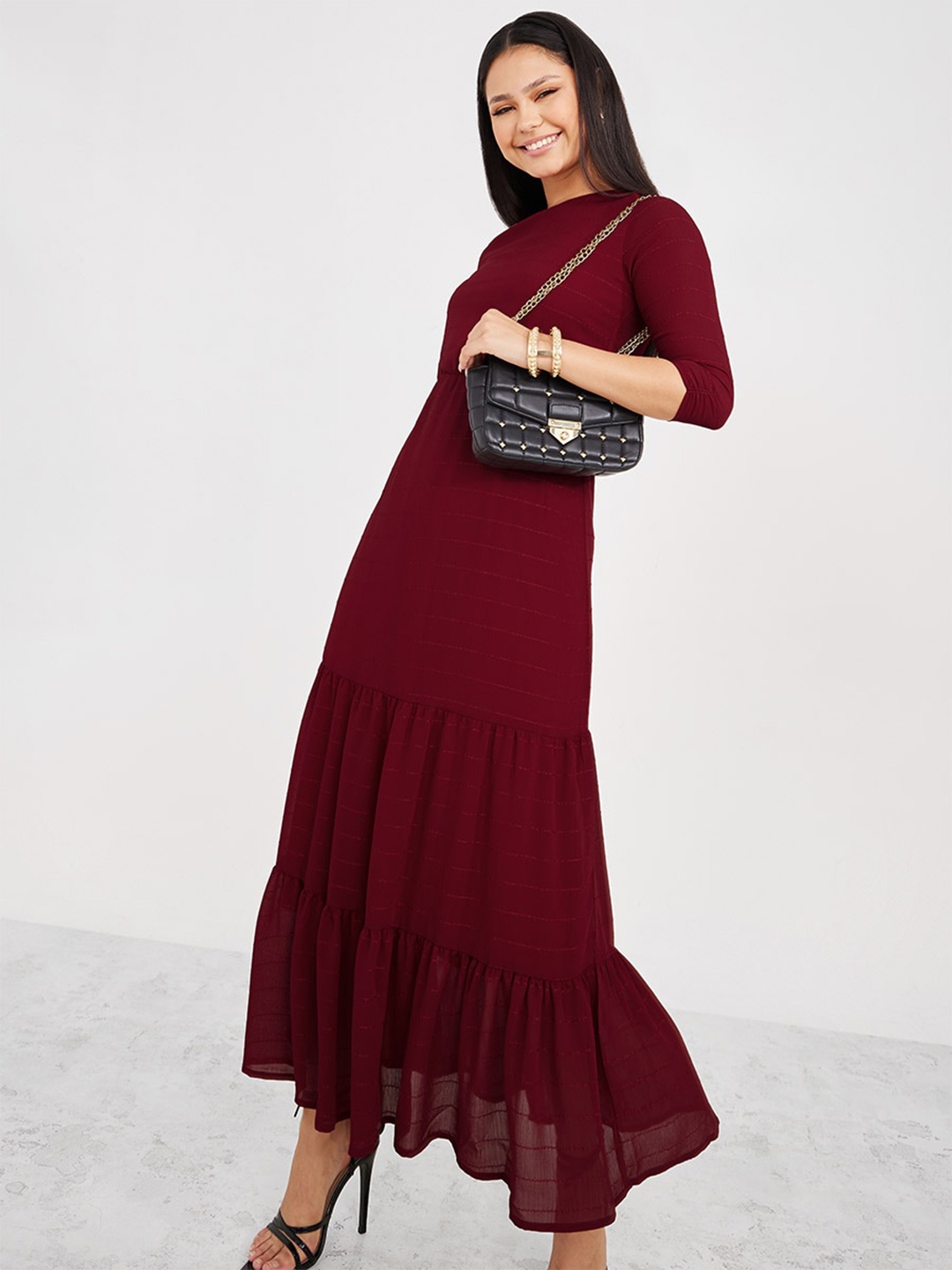 

Styli Round Neck Tiered Maxi Dress, Burgundy