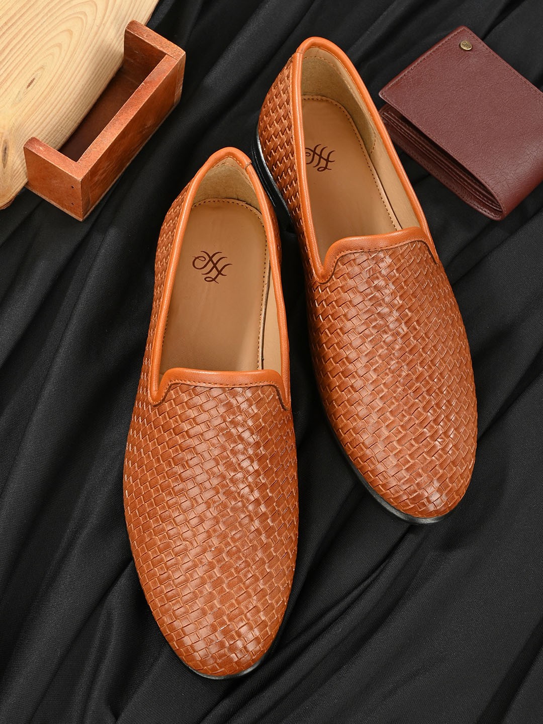 

House of Pataudi Men Woven-Design Lightweight Slip On Loafers, Tan