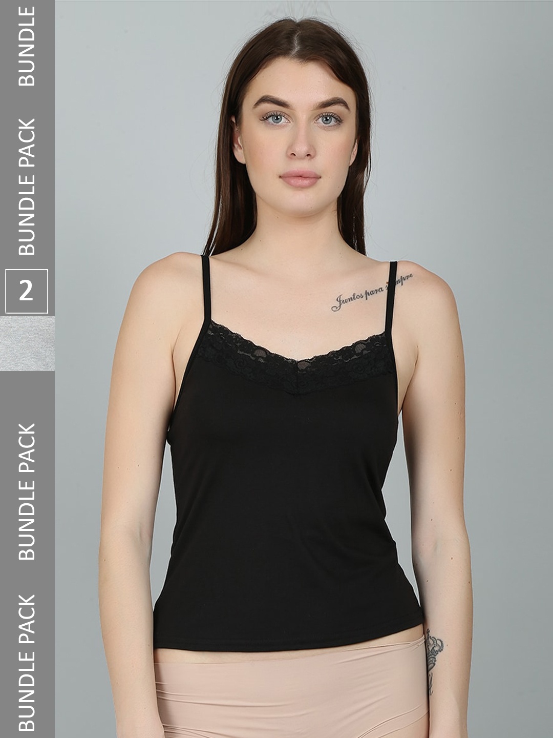 

N-Gal Women Pack Of 2 Cotton Camisoles NCM02-Grey-Black