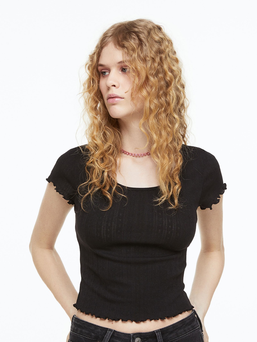 

H&M Women Pointelle Jersey Top, Black