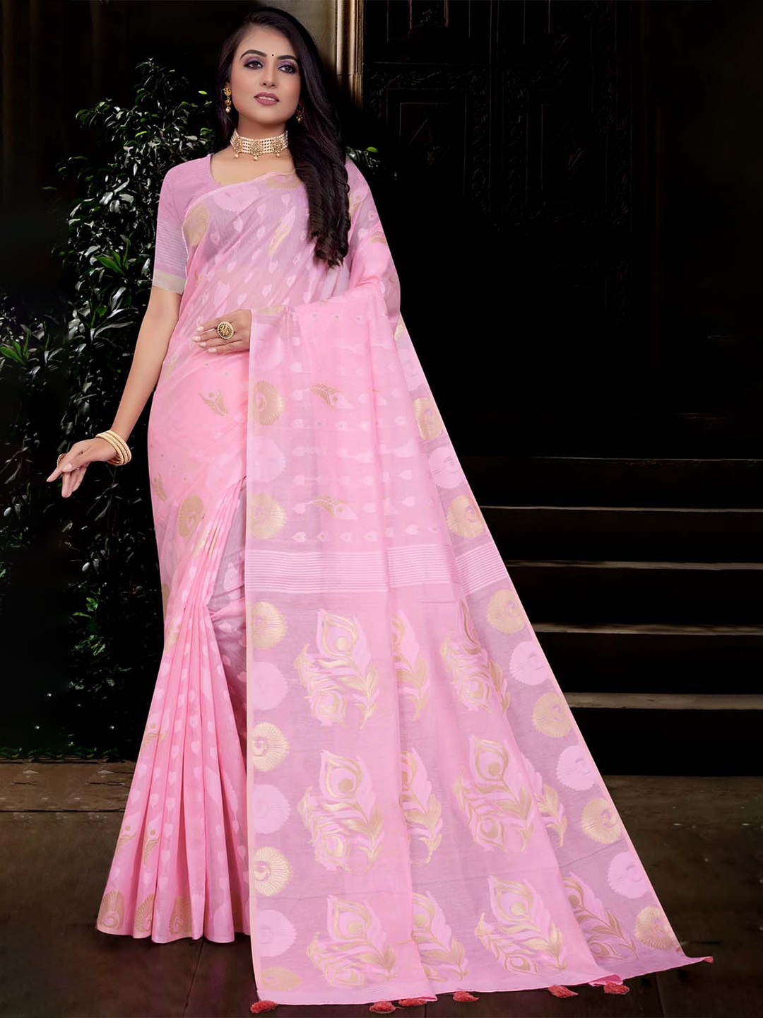 

KARAGIRI Ethnic Motifs Zari Cotton Saree, Pink