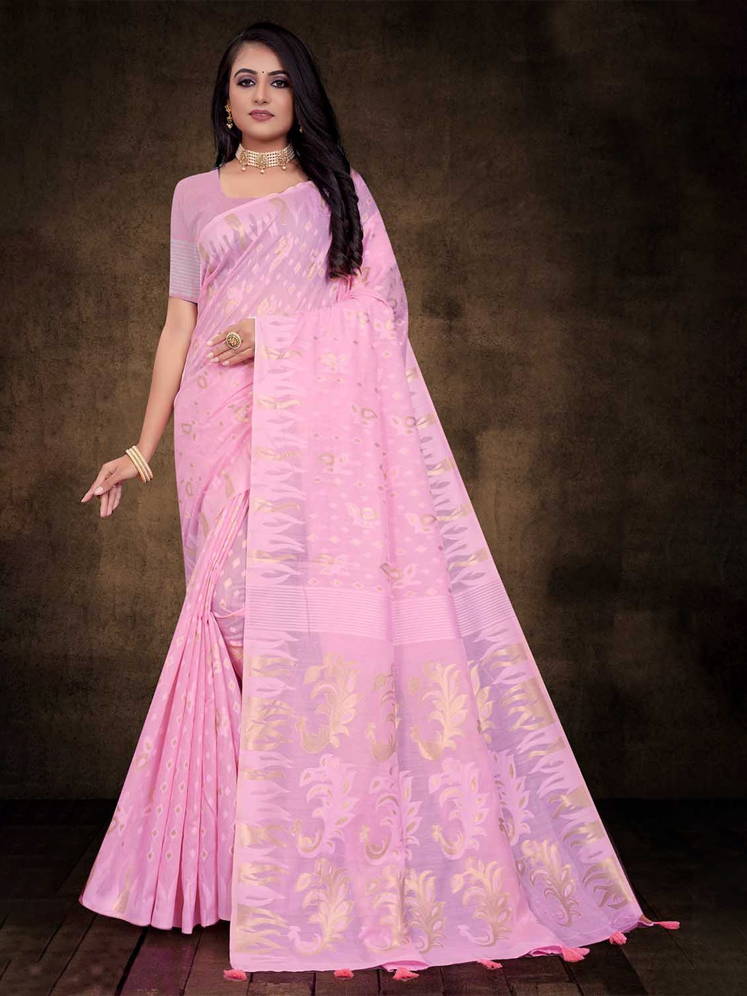 

KARAGIRI Woven Design Zari Cotton Saree, Pink