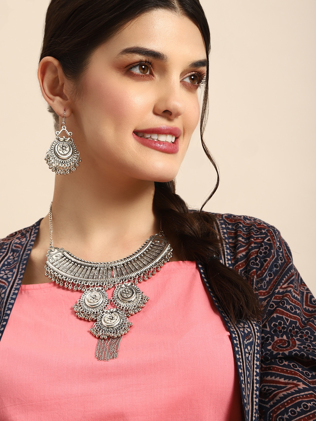 

Anouk Oxidised Chandbali Style Necklace & Earring Jewellery Set, Silver