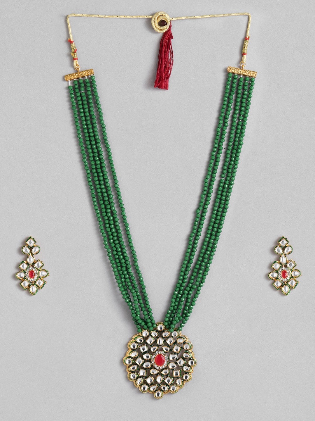 

Anouk Beaded & Kundan Studded Necklace & Earring Jewellery Set, Green
