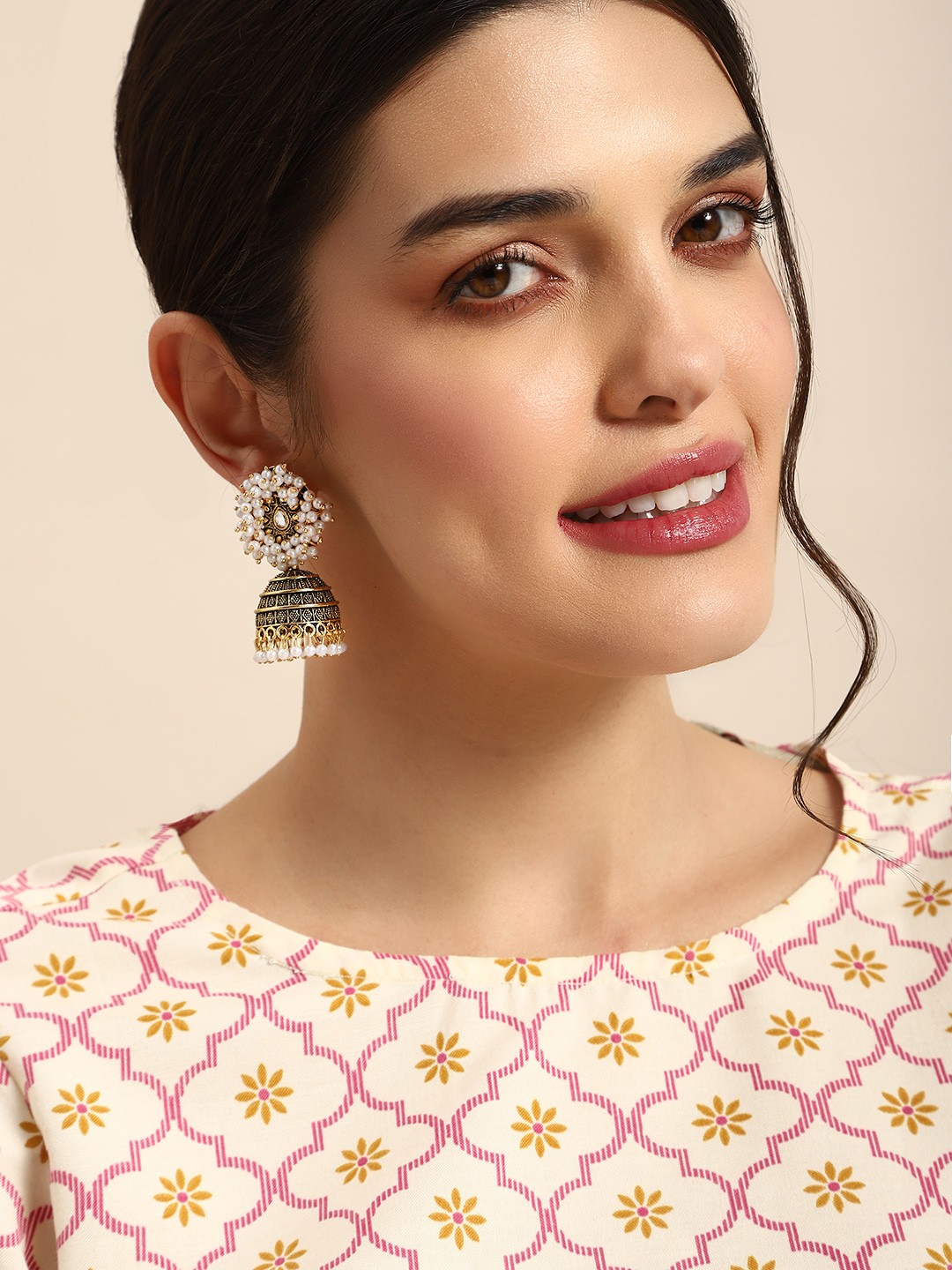 

Anouk Antique Dome Shaped Beaded Jhumka Earrings, Gold