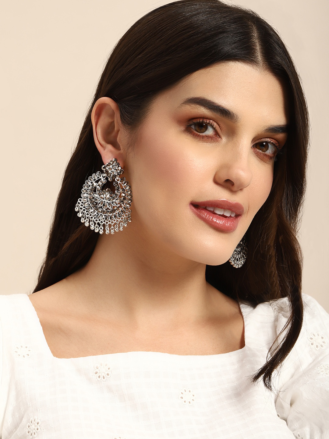 

Anouk Stone Studded Crescent Shaped Chandbali Earrings, Silver