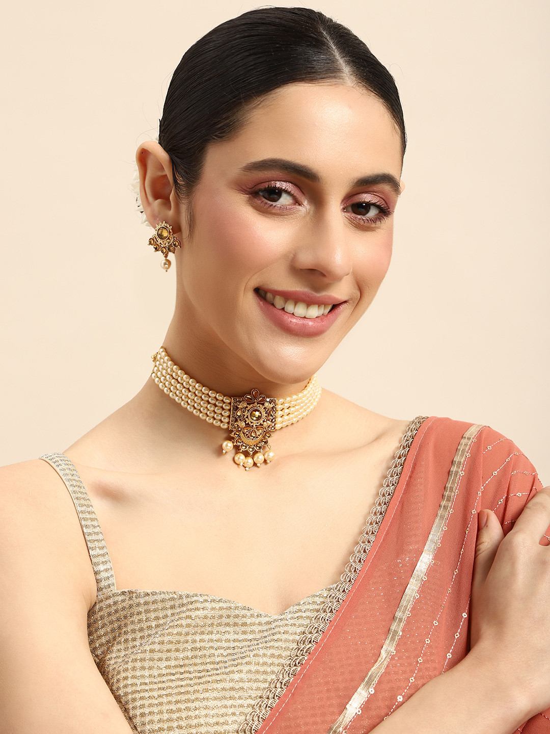 

Anouk Stone-Studded & Beaded Choker Jewellery Set, Gold