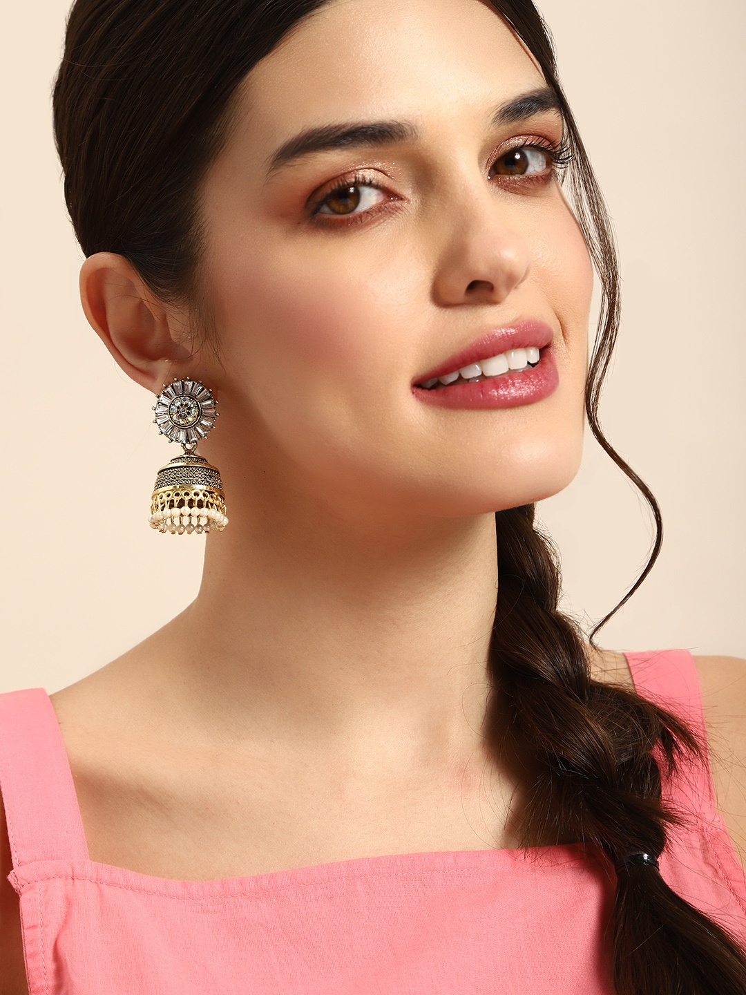 

Anouk Antique Stone Studded Dome Shaped Jhumka Earrings, Gold