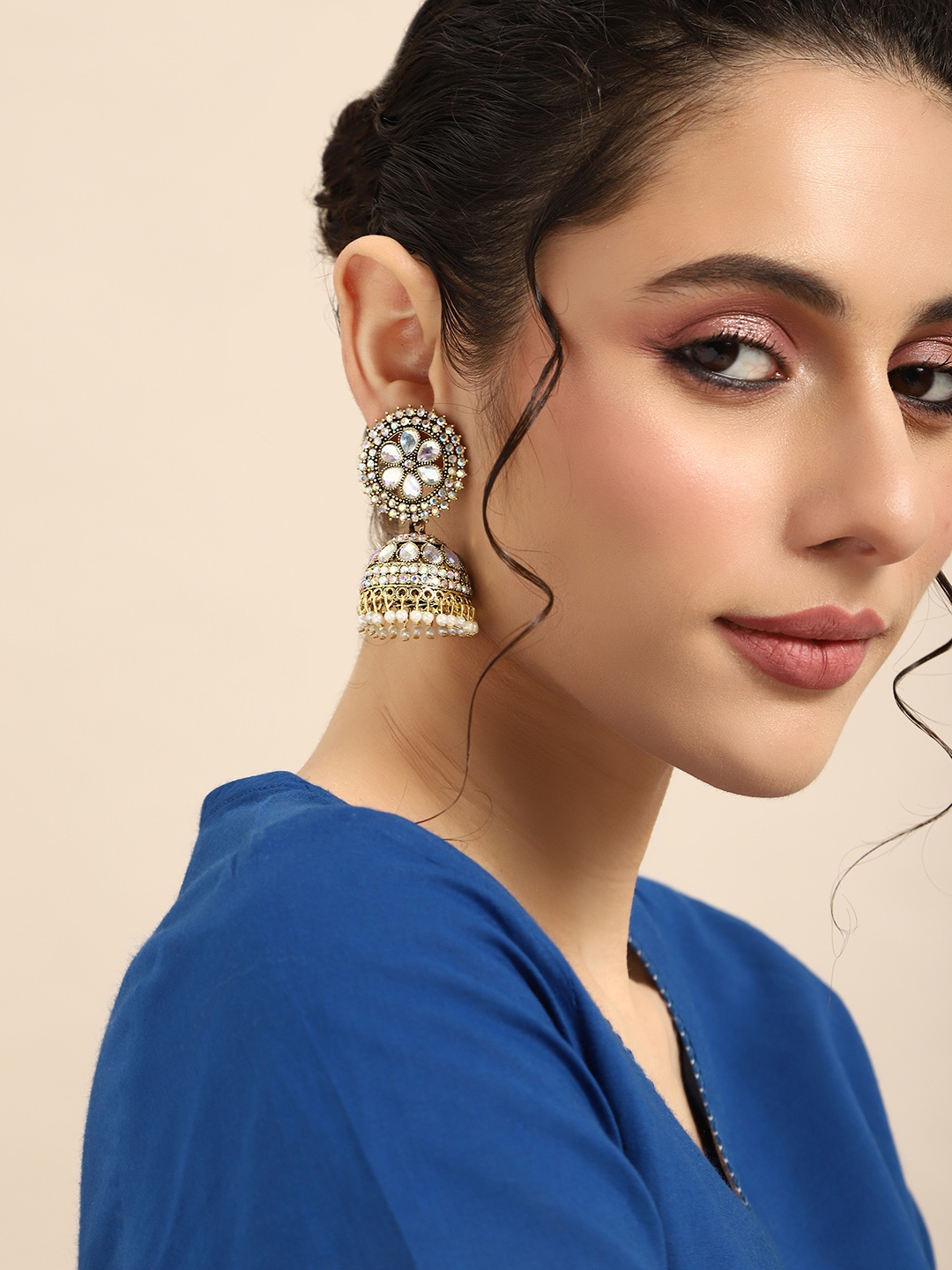 

Anouk Stone Studded Dome Shaped Jhumka Earrings, Gold