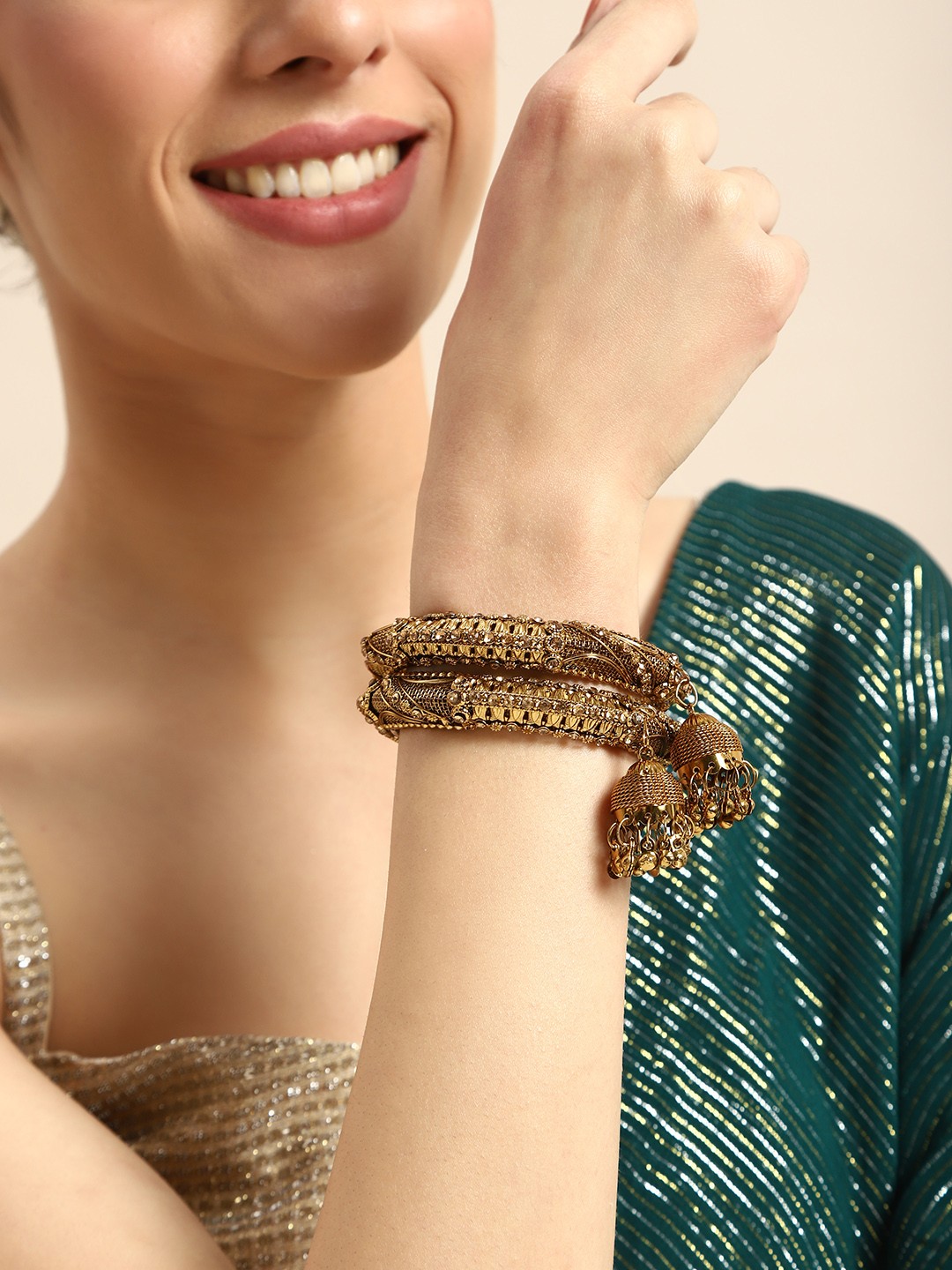 

Anouk Set Of 2 Stone Studded Bangles with Latkan, Gold