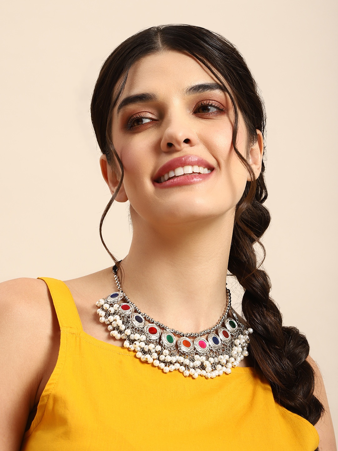 

Anouk Pearls Studded Enamelled Statement Necklace, Silver