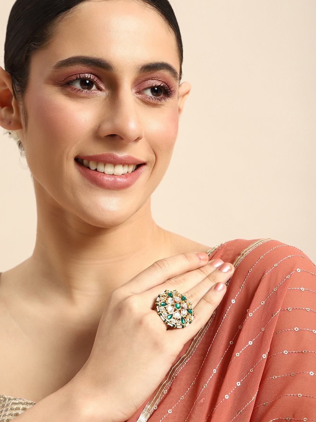 

Anouk Embellished Enamelled Adjustable Finger Ring, Green