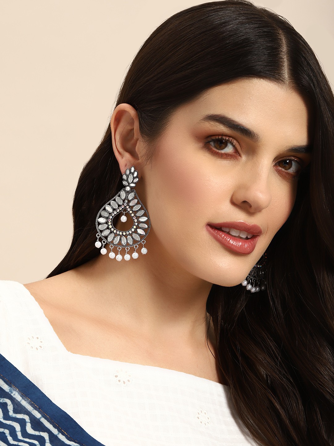 

Anouk Stone Studded with Mirror Work Teardrop Shaped Drop Earrings, Silver