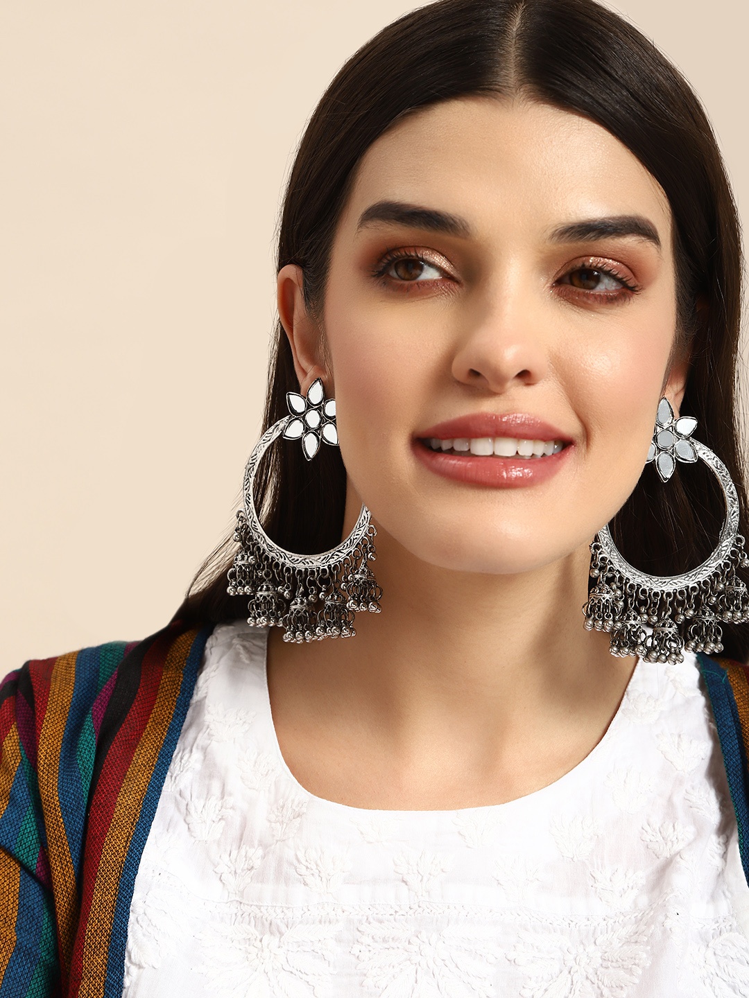 

Anouk Mirror Work Circular Design Jhumka Earrings, Silver