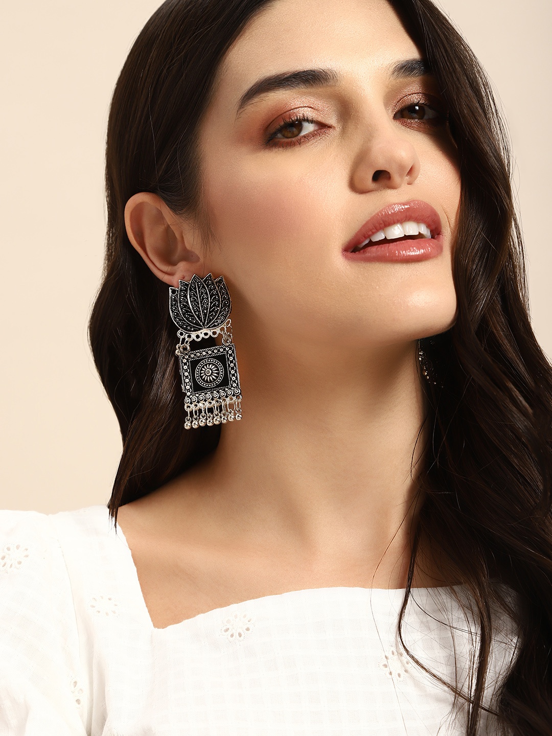 

Anouk Oxidized Enameled Square Shape with Lotus Design Drop Earrings, Silver