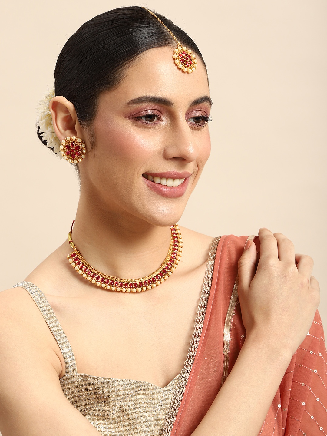 

Anouk Stone Studded Necklace & Earrings with Maang Tika Set, Gold