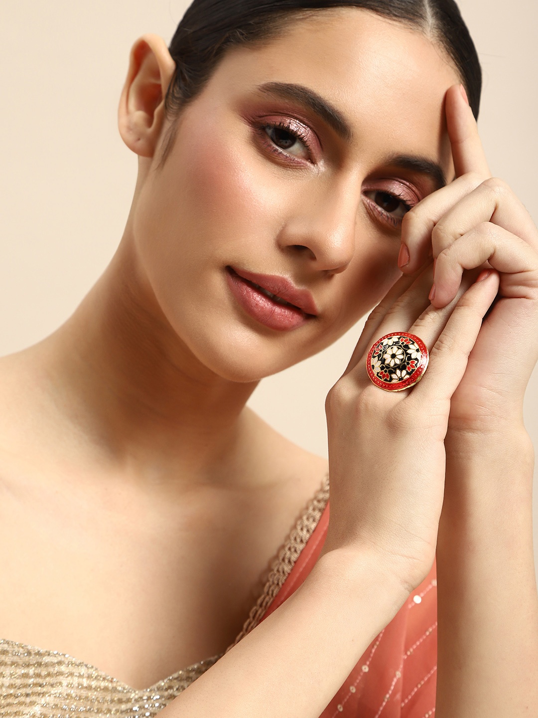 

Anouk Floral Enamelled Adjustable Finger Ring, Red