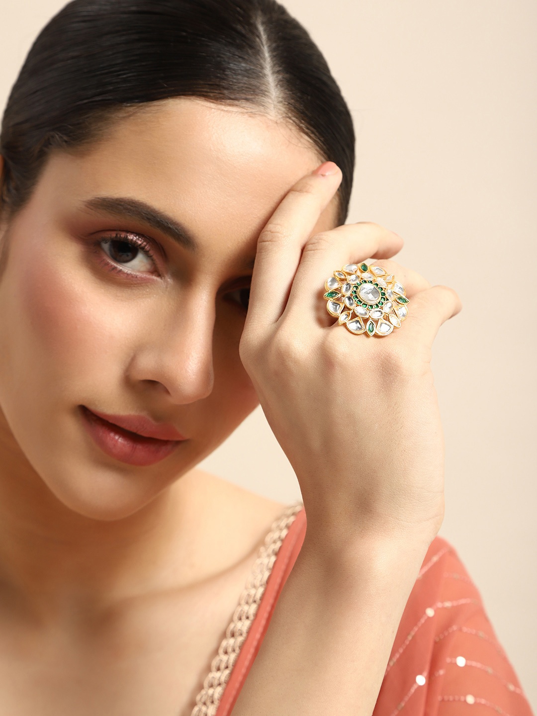 

Anouk Kundan Studded Adjustable Finger Ring, Green