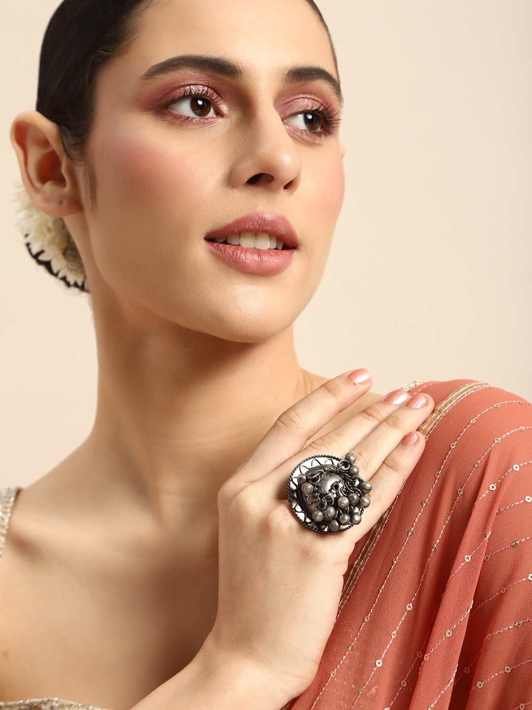 

Anouk Beaded Adjustable Finger Ring, Silver