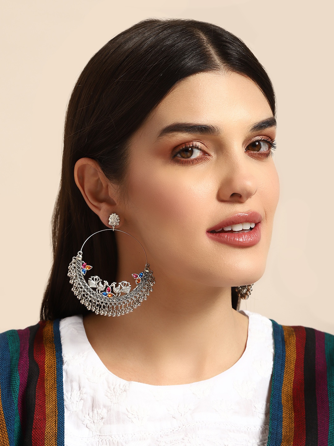 

Anouk Crescent Shaped Studded & Oxidised Chandbali Earrings, Silver