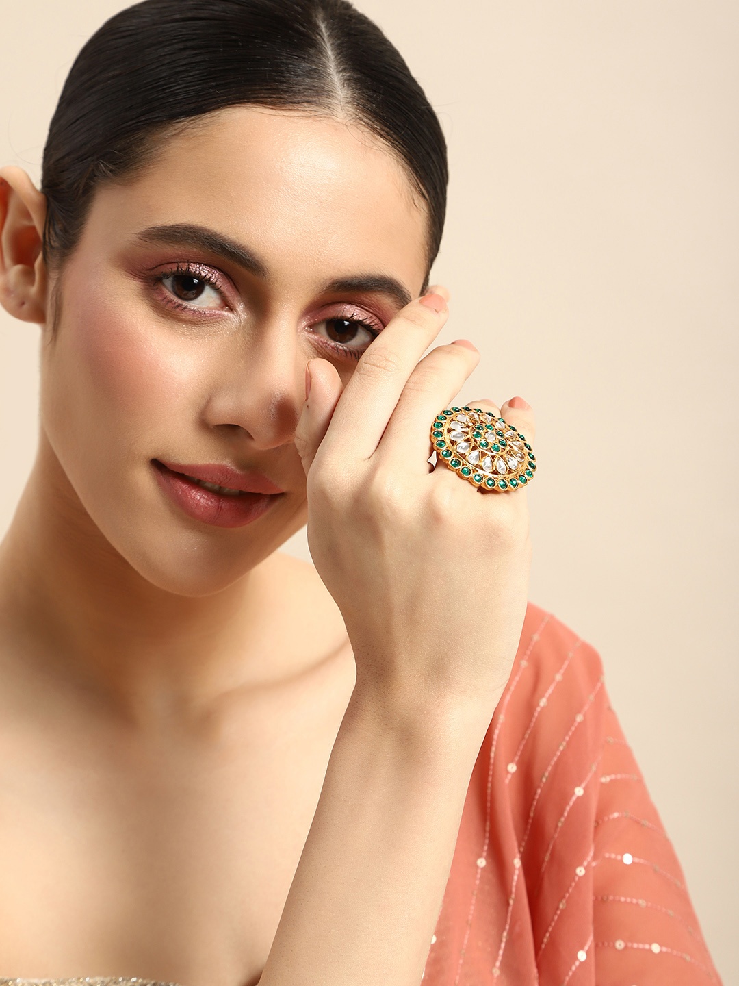 

Anouk Kundan Studded Adjustable Finger Ring, Green