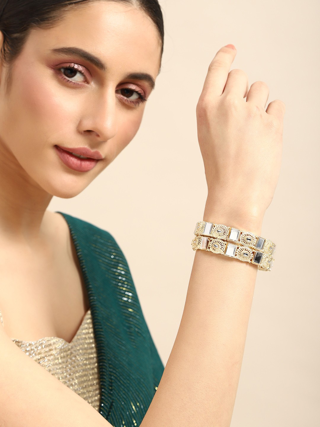 

Anouk Set Of 2 Kundan & Mirror Work Bangles, Gold