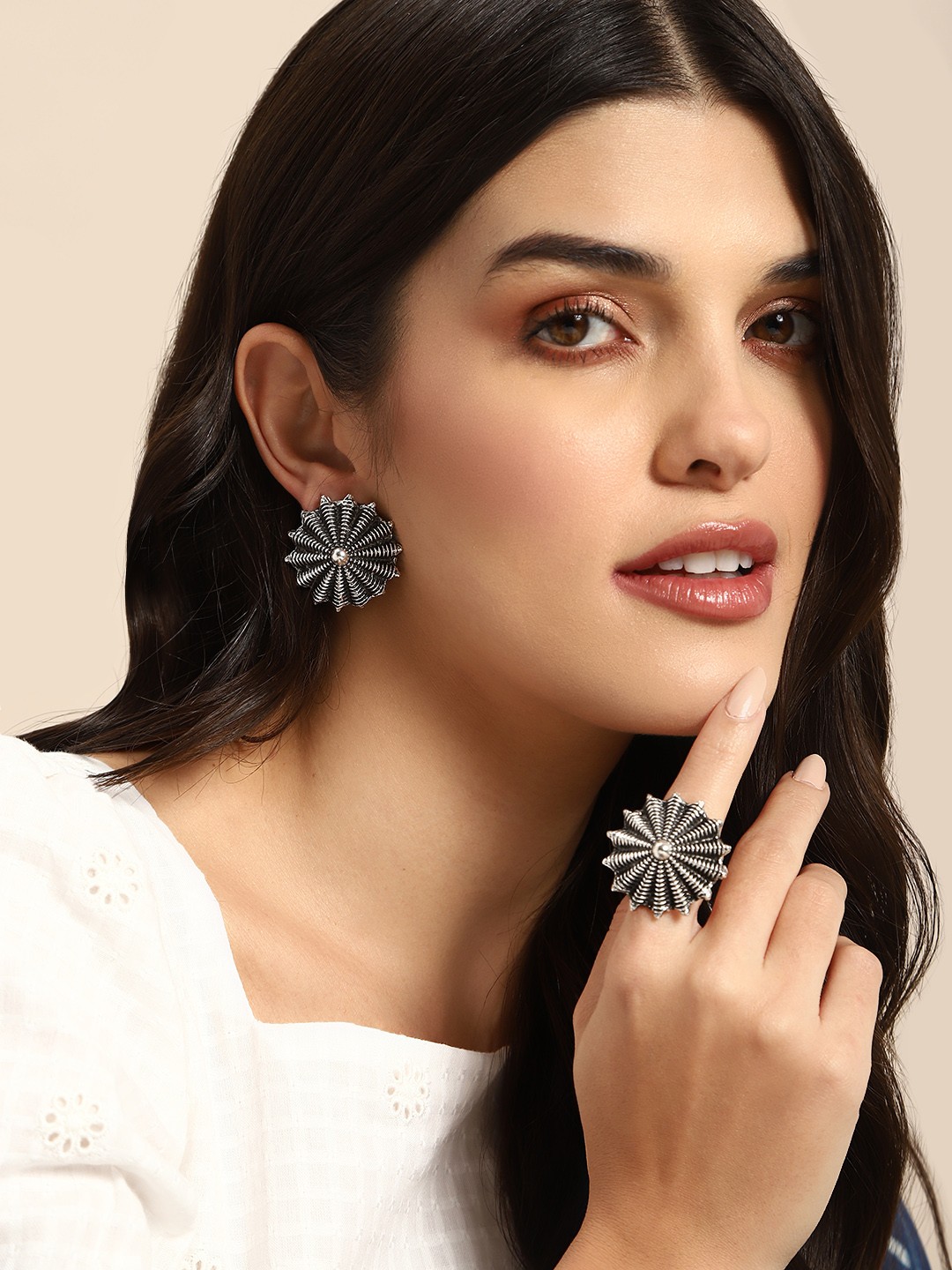 

Anouk Oxidized Circular Shape Oversized Stud Earrings & Adjustable Finger Ring Set, Silver