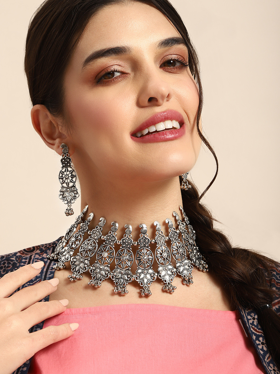 

Anouk Oxidised Geometric Design Necklace & Earring Jewellery Set, Silver