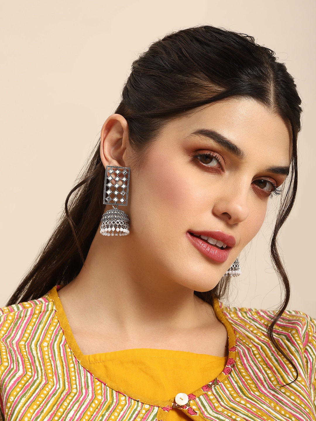 

Anouk Mirror Work Dome Shaped Jhumka Earrings, Silver