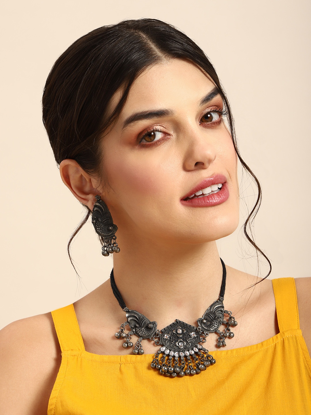 

Anouk Women Oxidised Necklace & Earrings Set With Intricate Peacock Detail, Silver