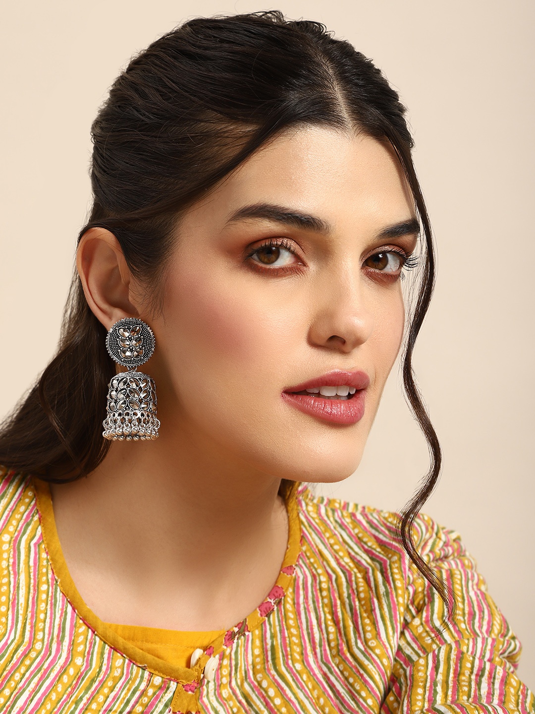 

Anouk Stone Studded Dome Shaped Jhumka Earrings, Silver