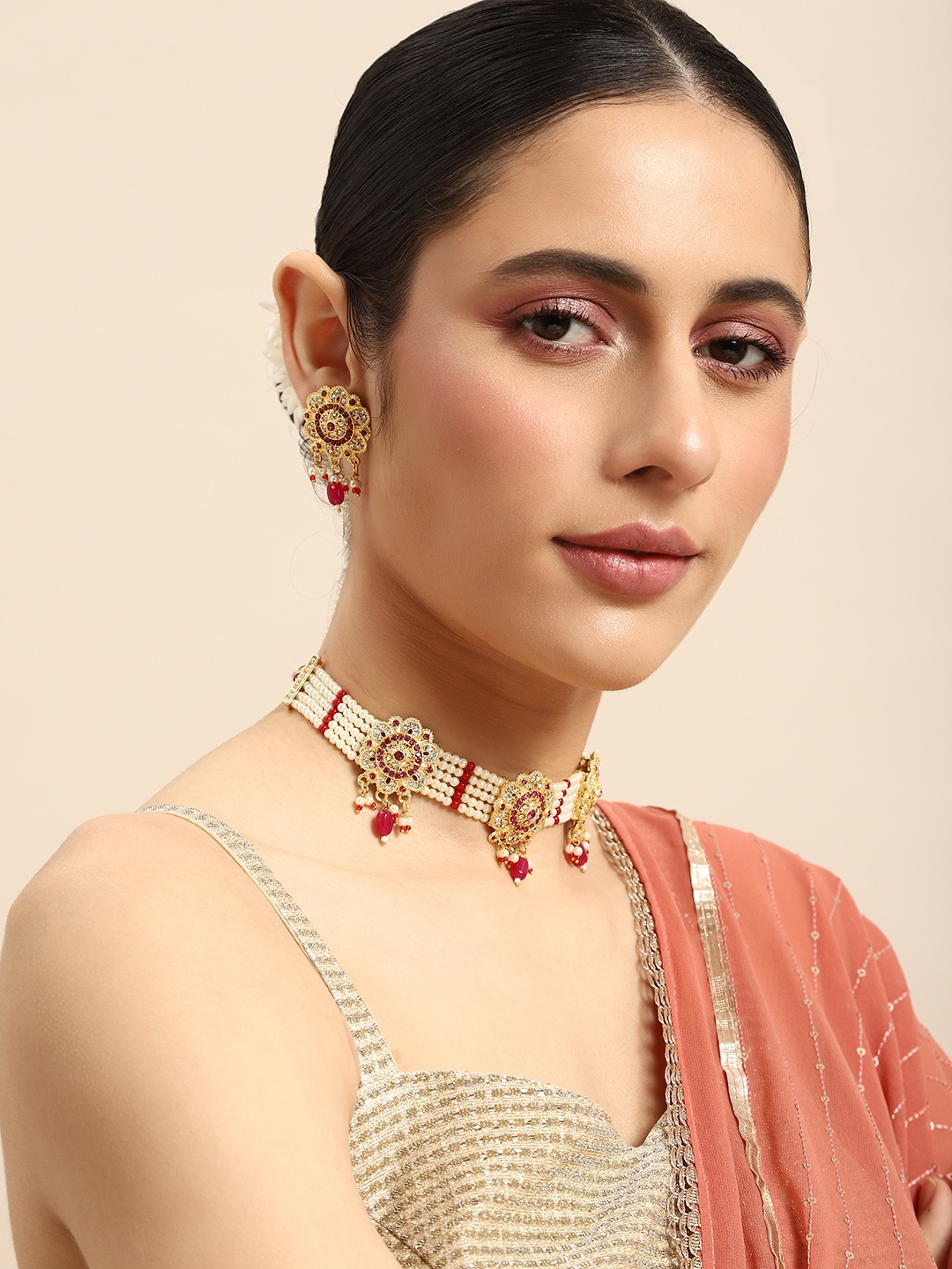 

Anouk Stone Studded & Beaded Choker Necklace & Earrings Set, Off white