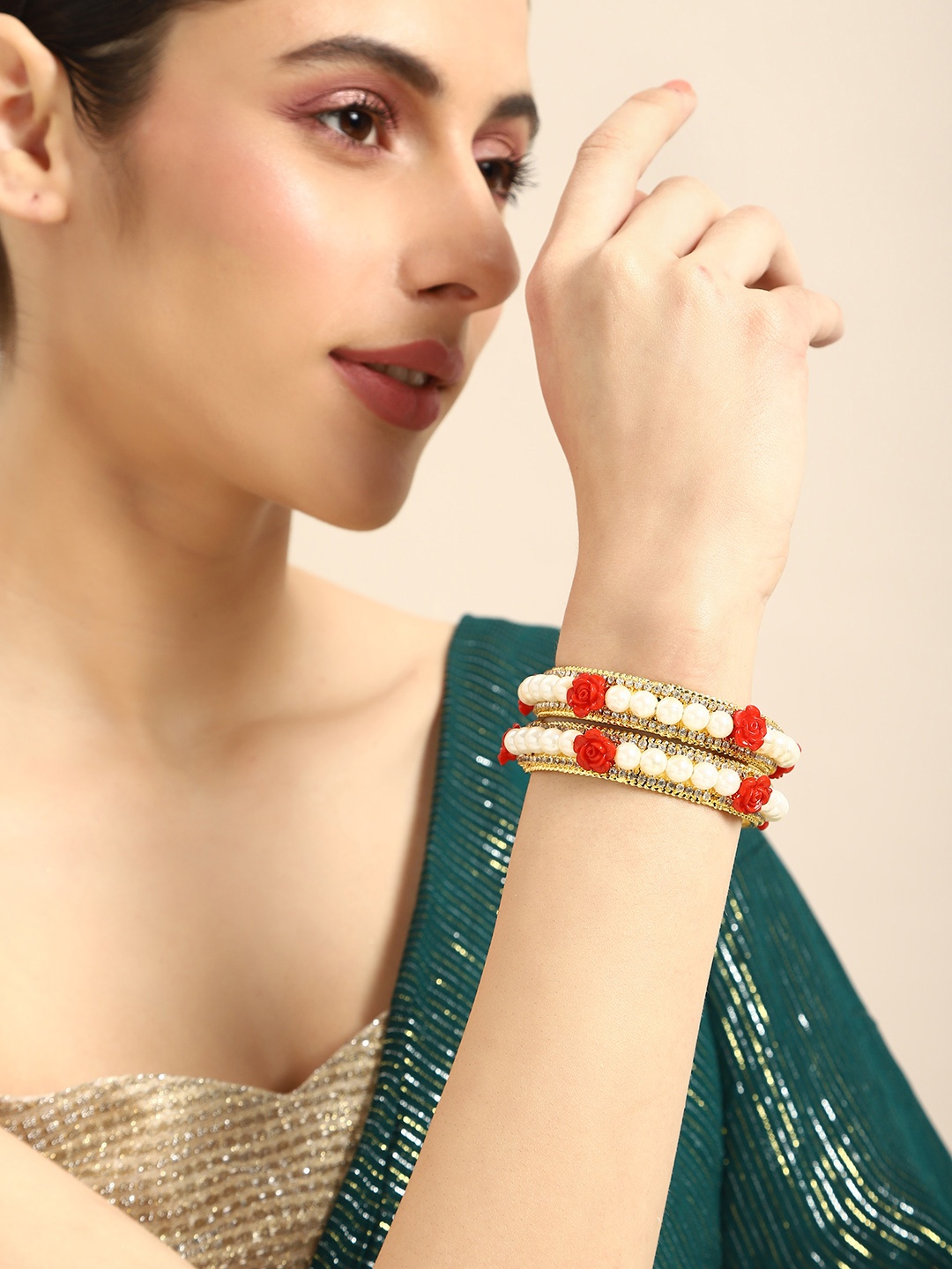 

Anouk Set Of 2 Beaded with Rose Design Bangles, Gold