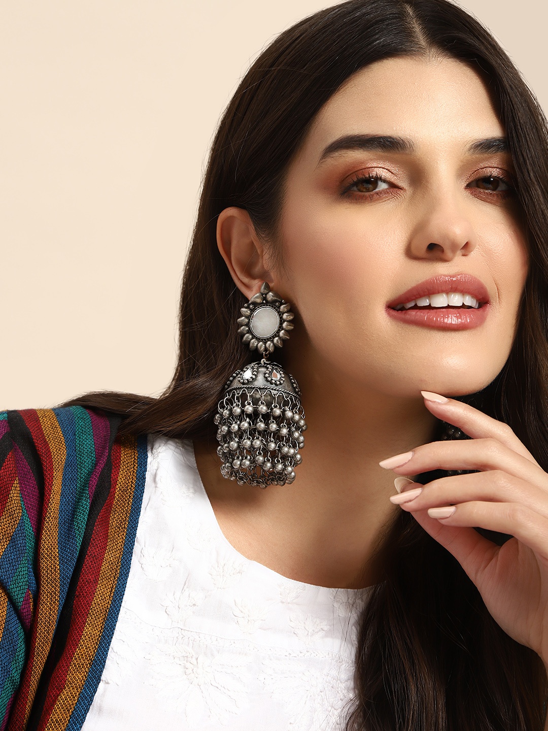 

Anouk Dome Shaped Jhumkas with Mirror Work, Silver