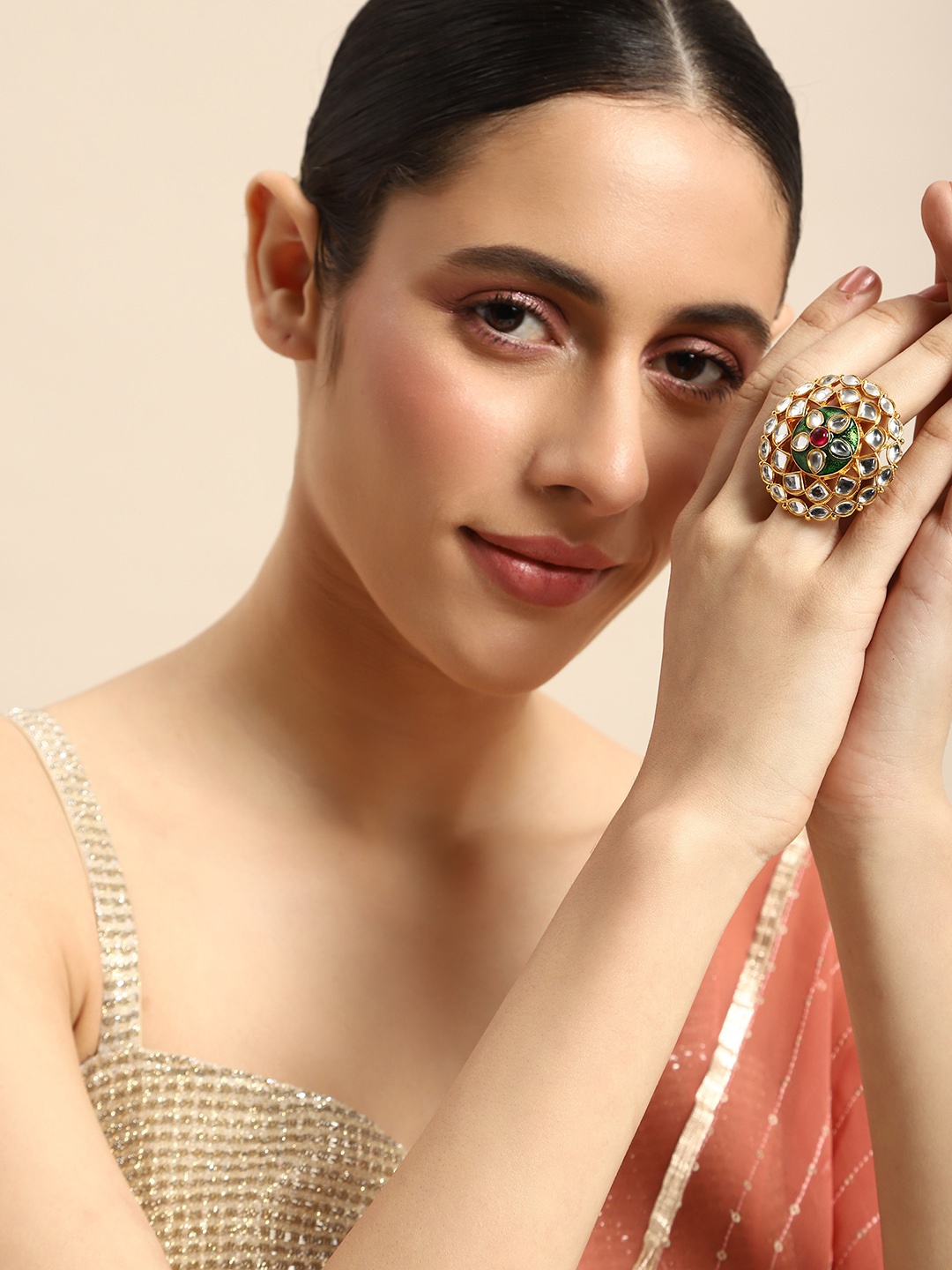 

Anouk Kundan Studded and Enamelled Adjustable Finger Ring, White