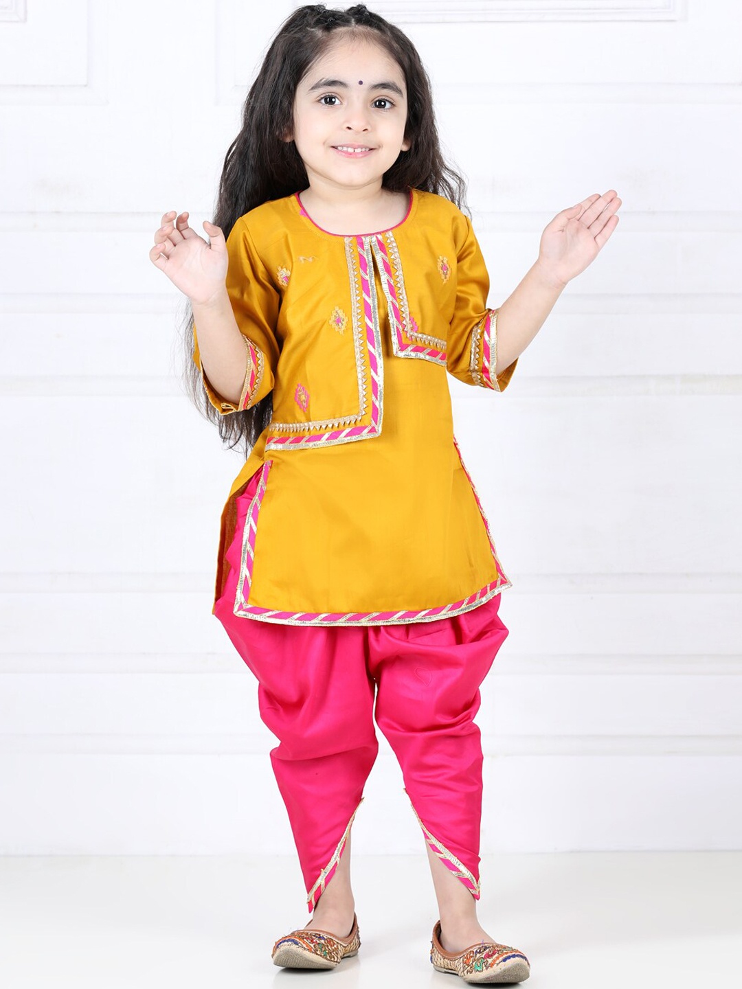 

Here&Now X Kinder Kids Girls Embroidered Pure Cotton Kurti with Dhoti Pants, Yellow