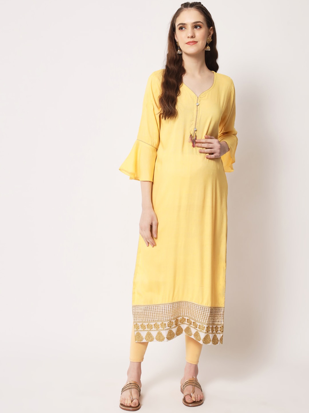 

Aujjessa Women Bell Sleeves Maternity Kurta, Yellow