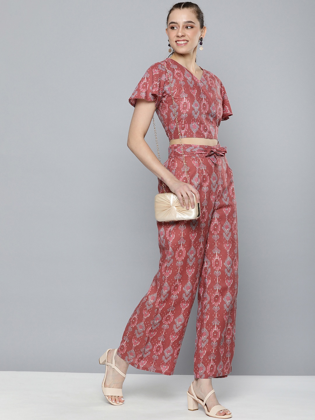 

HERE&NOW Abstract Printed Flared Sleeves Co-Ords Set, Rust