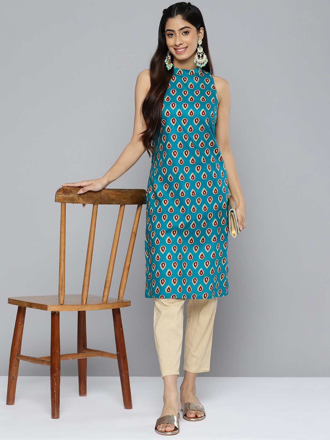 

HERE&NOW Ethnic Motifs Printed Kurta with Trousers, Turquoise blue