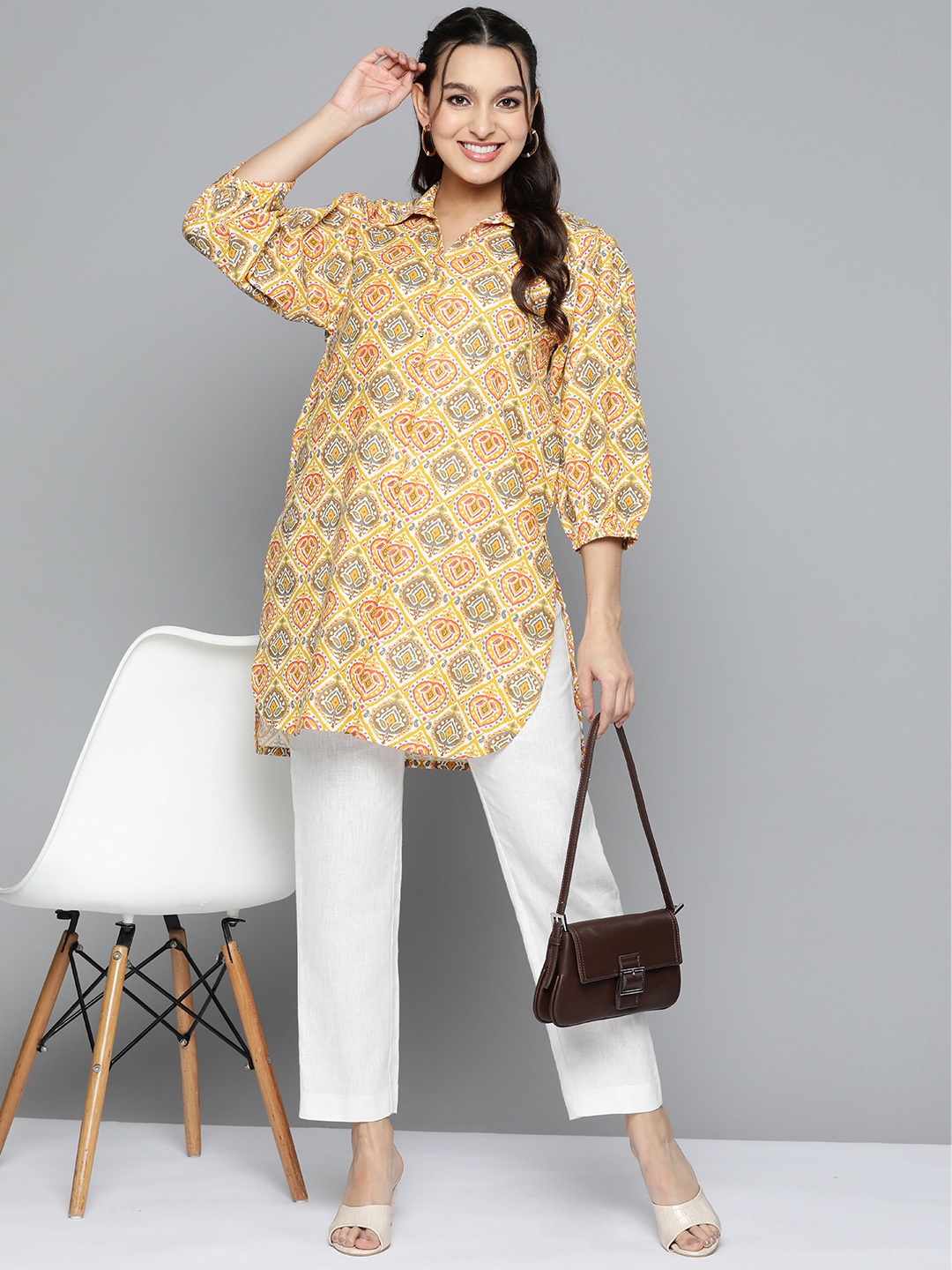 

HERE&NOW Pure Cotton Ethnic Motifs Printed Kurta, Yellow