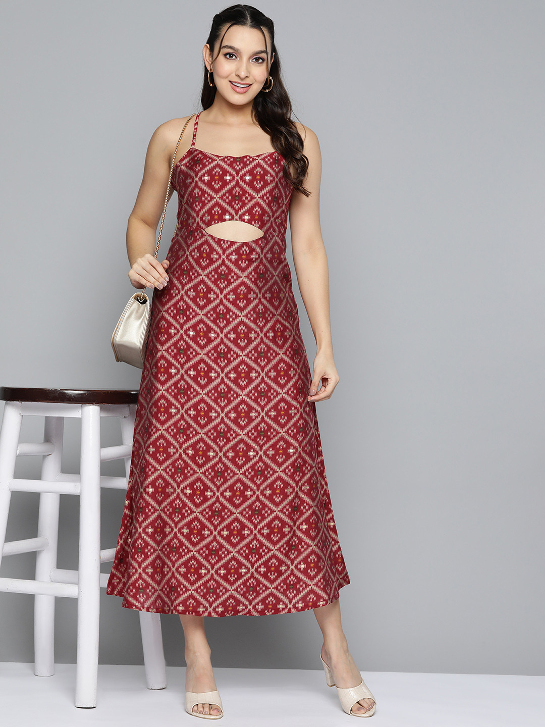 

HERE&NOW Ethnic Motif Print Shoulder Strap Maxi Ethnic Dress, Red