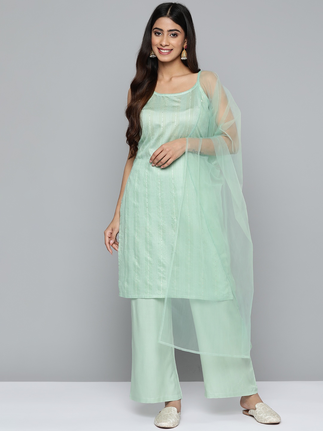 

HERE&NOW Women Sequinned Kurta with Palazzos & With Dupatta, Green