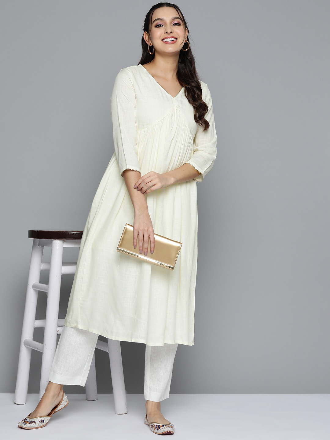 

HERE&NOW V-Neck Gotta Patti A-Line Kurta, Off white