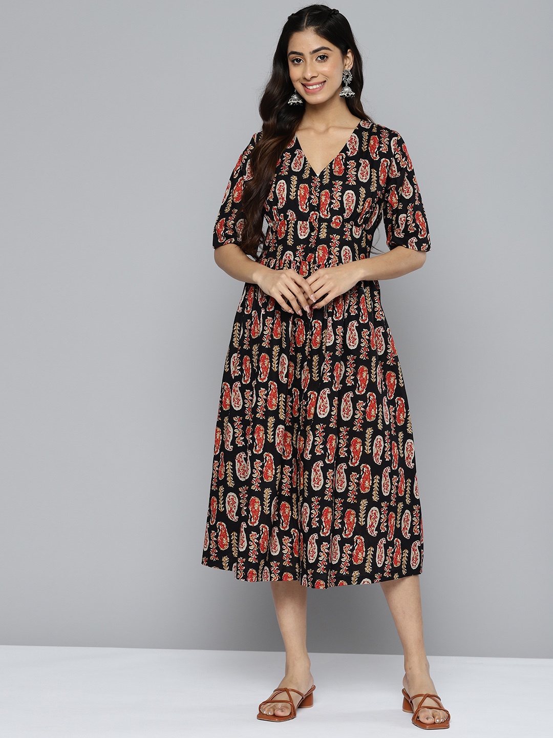 

HERE&NOW Women Pure Cotton Ethnic Motifs Printed Midi A-Line Dress, Black