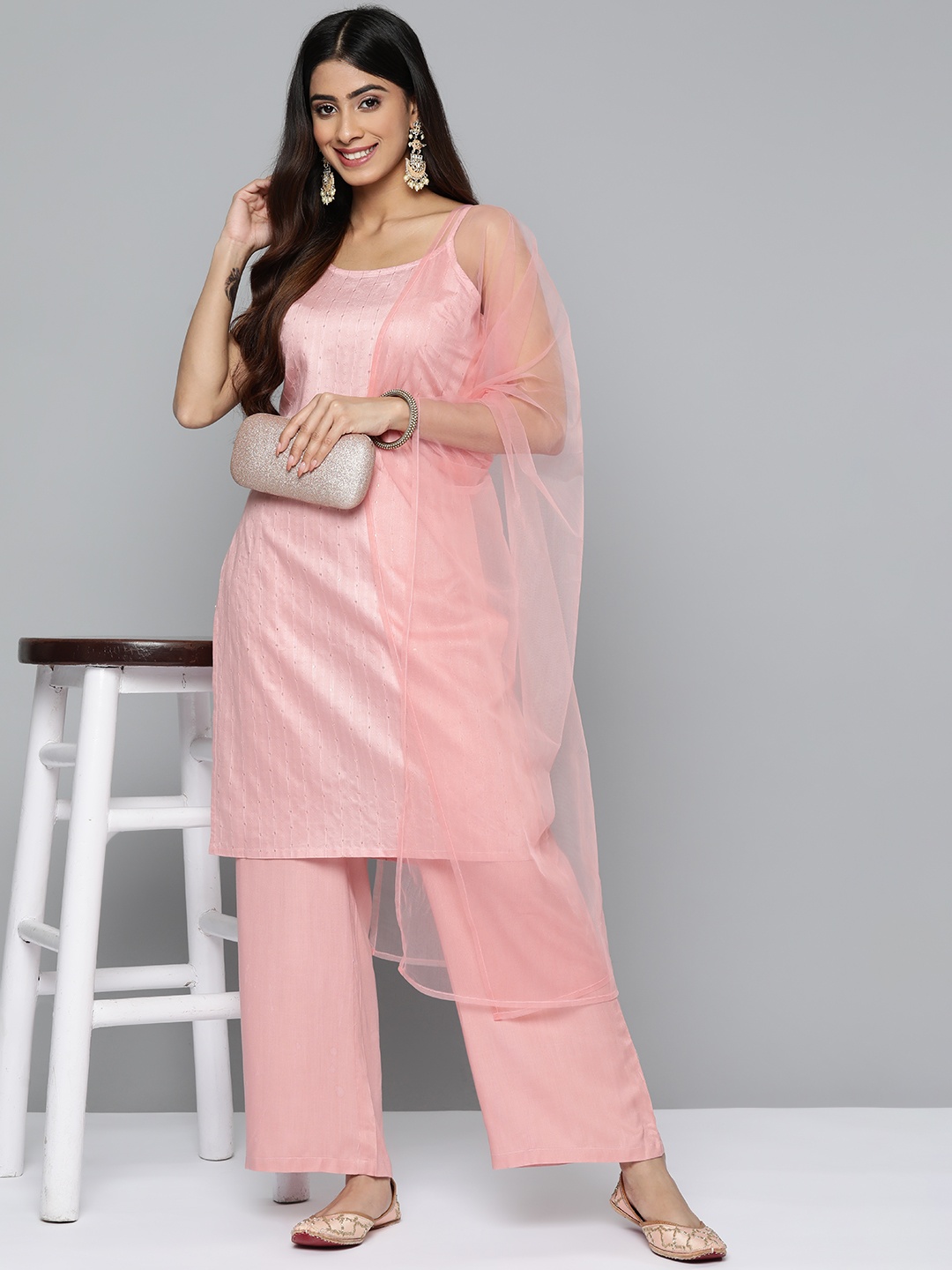 

HERE&NOW Women Sequinned Kurta with Palazzos & Dupatta, Pink