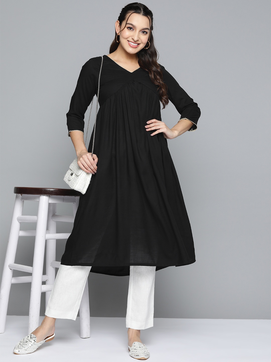 

HERE&NOW V-Neck Gotta Patti A-Line Kurta, Black