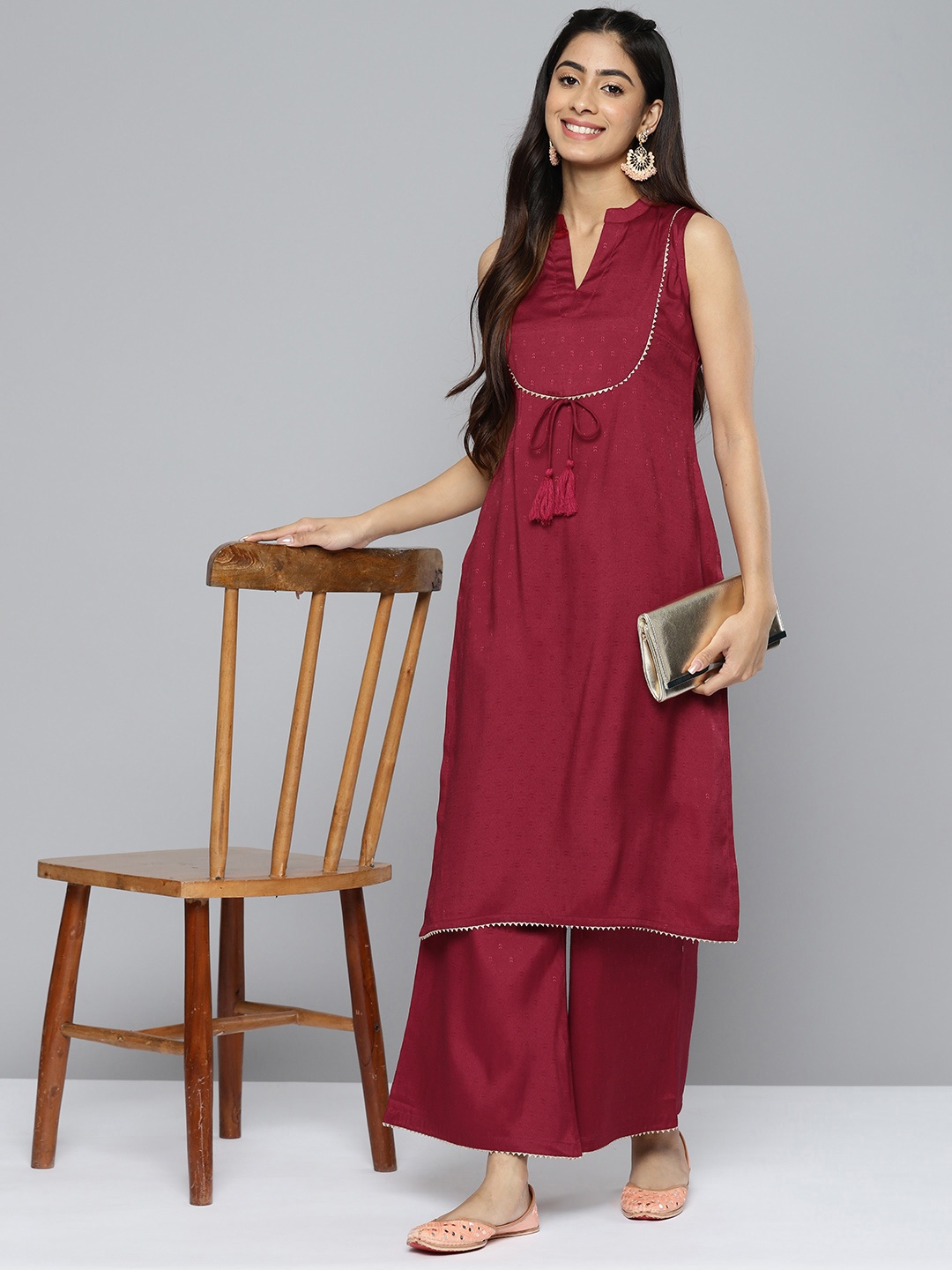 

HERE&NOW Women Gotta Patti Detail Kurta with Palazzos, Maroon