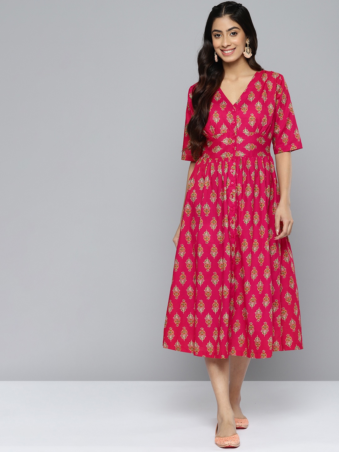 

HERE&NOW Women Pure Cotton Ethnic Motifs Printed Midi A-Line Dress, Magenta